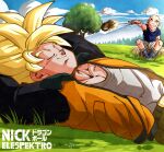  2boys arms_behind_head artist_name bald black_jacket blue_footwear blue_shirt brown_pants closed_eyes commentary_request dragon_ball dragon_ball_z field grass highres jacket kuririn lying male_focus multiple_boys muscular muscular_male nickelespektro on_back open_clothes open_jacket orange_jacket pants relaxing resting shirt shoes shorts sitting sitting_on_rock smile son_goku spanish_commentary spiked_hair super_saiyan t-shirt tree white_pants white_shirt 