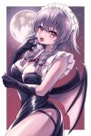  1girl bat_wings black_dress braid breasts cleavage detached_collar dress elbow_gloves fangs full_moon gloves grey_hair happy_ginko highres izayoi_sakuya large_breasts maid_headdress moon night outdoors red_eyes red_sky side_slit sky solo thick_thighs thighs touhou twin_braids wings 