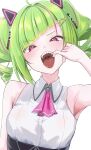  1girl absurdres animal_ears arm_at_side armpits ascot bare_shoulders blush breasts cat_ear_hairband delutaya diagonal_bangs drill_hair e-wing_(ewingillustrate) fake_animal_ears fang finger_in_own_mouth green_hair hair_ornament hand_up highres indie_virtual_youtuber long_hair looking_at_viewer medium_breasts mouth_pull multicolored_hair open_mouth pink_ascot pink_eyes pink_hair shirt simple_background sleeveless sleeveless_shirt smile solo streaked_hair teeth tongue tongue_out twin_drills twintails upper_body upper_teeth_only uvula virtual_youtuber white_background white_shirt 