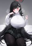  1girl black_hair black_pantyhose black_skirt blue_archive blush breasts hair_ornament hairclip halo highres hyouhyou_sub large_breasts long_hair long_sleeves pantyhose red_eyes rio_(blue_archive) skirt solo sweater turtleneck very_long_hair white_sweater 