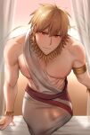  1boy abs arabian_clothes bara bchlmnr blonde_hair blush closed_mouth earrings fate/grand_order fate_(series) gilgamesh_(fate) jewelry large_pectorals looking_at_viewer male_focus muscular muscular_male necklace nipples pectorals red_eyes short_hair smile solo sweat 