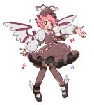  1girl animal_ears beamed_eighth_notes bird_ears bird_wings black_footwear blush_stickers brown_dress brown_eyes brown_headwear brown_thighhighs dress eighth_note fingernails frilled_dress frilled_sleeves frills full_body hat highres jeto_(jetopyon) long_fingernails long_sleeves musical_note mystia_lorelei nail_polish open_mouth pink_hair red_nails sharp_fingernails shoes short_hair simple_background sleeve_garter smile solo thighhighs touhou white_background white_wings winged_footwear winged_hat wings 