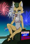  4th_of_july american_flag_bikini anthro army army_hat big_breasts blush breasts canid canine clothing eyewear female fireworks footwear fox glasses hi_res high_heels mammal mirashefreak03 sek_studio solo squirrel_and_hedgehog tongue tongue_out underwear 