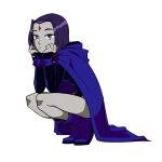  1girl absurdres belt black_leotard breasts cape cloak closed_mouth colored_skin dc_comics forehead_jewel full_body gnsisir grey_skin hands_on_own_chin head_rest highres leotard looking_at_viewer medium_breasts purple_cloak purple_eyes purple_hair raven_(dc) short_hair simple_background solo squatting superhero teen_titans thighs white_background 