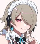  black_bow blue_nails blush bow brown_hair commentary earrings hair_over_one_eye hand_up honkai_(series) honkai_impact_3rd jewelry looking_at_viewer maid_headdress mole mole_under_eye nail_polish pink_background red_eyes rita_rossweisse simple_background smile upper_body yunomi_(yunomi_hs) 