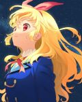  1girl 6_raboshi aikatsu! aikatsu!_(series) blonde_hair blue_background blue_jacket bow closed_mouth hair_bow hairband highres hoshimiya_ichigo jacket long_hair looking_ahead neck_ribbon red_bow red_eyes red_hairband red_ribbon ribbon school_uniform shirt sky smile solo star_(sky) starlight_academy_school_uniform starry_sky upper_body white_shirt 