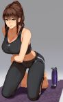  1girl adidas bottle breasts brown_hair burstexceed green_eyes kneeling large_breasts leggings mat mole mole_on_breast original ponytail tank_top yoga_mat 