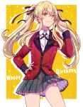  1girl blonde_hair collared_shirt confetti hand_in_own_hair hand_on_own_hip happy_birthday highres hyakkaou_academy_school_uniform jacket kakegurui long_hair red_jacket ribbon saotome_mary sasaya school_uniform shirt skirt smile solo tail twintails white_shirt yellow_eyes 