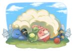  absurdres budew closed_eyes closed_mouth cloud commentary_request day fence grass happiny highres korean_commentary lying mareep no_humans outdoors pokemon pokemon_(creature) raid_(donghyeok) sky sleeping smile 