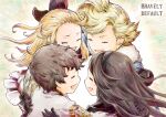  2boys 2girls :d agnes_oblige black_hairband blonde_hair bravely_default:_flying_fairy bravely_default_(series) brown_hair closed_eyes copyright_name earrings edea_lee fur_trim gloves hairband hug jewelry long_hair multiple_boys multiple_girls open_mouth pompadour ringabel shirt short_hair smile tiz_arrior usakura white_shirt 