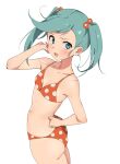  1girl :o alternate_hairstyle aqua_eyes aqua_hair arm_up ass bikini blush breasts collarbone furrowed_brow furuyama_itaru hair_ornament hair_tuft hand_on_own_cheek hand_on_own_face hatsune_miku looking_at_viewer looking_to_the_side medium_hair navel open_mouth polka_dot polka_dot_bikini simple_background small_breasts solo swimsuit teeth twintails upper_teeth_only vocaloid white_background 