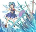  1girl aqua_eyes blue_bow blue_dress blue_hair blush bow brown_hair cirno clip_studio_paint_(medium) crystal crystal_sword dress embodiment_of_scarlet_devil fairy ice ice_wings magic magic_circle open_mouth red_ribbon ribbon shirt short_hair socks solo spell_card sword touhou weapon white_background white_shirt white_socks wings woruta_(soloistlist) 