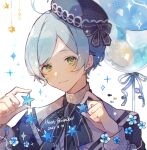  1boy 2023 ahoge balloon blue_hair blue_headwear blue_jacket blue_ribbon blush closed_mouth dated ensemble_stars! green_eyes happy_birthday highres jacket jaiantsukasa light_blue_hair male_focus official_alternate_costume ribbon sailor_collar shinkai_kanata short_hair smile solo sparkle star_(symbol) starry_night_festival_(ensemble_stars!) white_background white_sailor_collar 