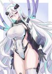  1girl absurdres asymmetrical_legwear azur_lane blue_eyes breasts covered_navel expressionless hair_between_eyes highleg highleg_leotard highres impossible_clothes impossible_leotard kearsarge_(azur_lane) large_breasts leotard long_hair matsunaga_maguro mechanical_gloves mismatched_legwear revision single_thighhigh taut_leotard thighhighs white_hair white_leotard white_shrug 