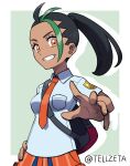  1girl backpack bag black_bag black_hair border breast_pocket collared_shirt commentary_request eyelashes freckles green_background green_hair grin hand_on_own_hip highres long_hair looking_at_viewer multicolored_hair necktie nemona_(pokemon) orange_eyes orange_necktie orange_shorts outstretched_hand pocket pokemon pokemon_(game) pokemon_sv ponytail shirt shorts smile solo teeth teru_zeta two-tone_hair watermark white_border 