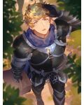  1boy :o armor armored_boots artist_name belt black_armor blonde_hair blue_cape blush boots border box brown_belt cape day gauntlets granblue_fantasy green_eyes higashigunkan highres holding holding_box male_focus official_alternate_costume outdoors short_hair solo vane_(granblue_fantasy) white_border 