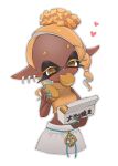  1girl bare_shoulders blonde_hair box cropped_sweater dark-skinned_female dark_skin eating fang food frye_(splatoon) harem_pants heart highres macaron medium_hair pants pointy_ears puchiman simple_background sleeveless sleeveless_turtleneck solo splatoon_(series) splatoon_3 star-shaped_pupils star_(symbol) sweater symbol-shaped_pupils turtleneck turtleneck_sweater white_background yellow_eyes yellow_sweater 