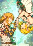  1boy 1girl blonde_hair blue_eyes braid crown_braid earrings eorinamo green_eyes hair_ornament highres holding_hands in_water jewelry link lying lying_on_water necklace official_alternate_costume official_alternate_hairstyle parted_bangs partially_submerged pointy_ears princess_zelda shallow_water short_hair sidelocks the_legend_of_zelda the_legend_of_zelda:_tears_of_the_kingdom water 