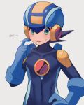  1boy absurdres blue_bodysuit blue_headwear blurry bodysuit brown_hair covered_collarbone covered_navel depth_of_field green_eyes hand_on_own_hip hand_up helmet highres looking_at_viewer male_focus mega_man_(series) mega_man_battle_network_(series) megaman.exe open_mouth short_hair simple_background solo spiked_hair sweatdrop twitter_username upper_body white_background zero-go 