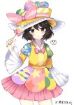 !? 1other :o alternate_costume black_eyes black_hair blush bow bowtie check_commentary collared_shirt commentary commentary_request easter easter_egg egg enraku_tsubakura frilled_hat frilled_shirt_collar frilled_skirt frills hand_up hat hat_bow hat_ribbon highres holding holding_wand juliet_sleeves len&#039;en long_sleeves multicolored_clothes multicolored_skirt open_mouth ougi_hina pink_bow pink_bowtie pink_ribbon pink_skirt puffy_sleeves ribbon shirt short_hair skirt speech_bubble top_hat translated wand wide_sleeves yellow_headwear yellow_shirt 