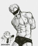  2boys abs arms_behind_back bara bdsm blindfold boku_no_hero_academia boxer_briefs bulge chibi chibi_inset cloth_gag drooling erection erection_under_clothes facial_hair gag gagged greyscale hawks_(boku_no_hero_academia) highres improvised_gag male_focus male_underwear mature_male monochrome multiple_boys muscular muscular_male navel nipple_tweak nipples ok_sign over_the_mouth_gag pectorals short_hair sketch smokerichi stomach stubble topless_male twice_(boku_no_hero_academia) underwear yaoi 