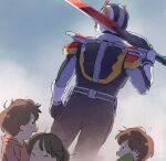  1girl 3boys back bad_id bad_twitter_id blue_sky brown_hair closed_eyes crying crying_with_eyes_open facing_away female_child holding holding_sword holding_weapon kamen_rider kamen_rider_den-o kamen_rider_den-o_(series) male_child multiple_boys ootkmm protecting sky sword sword_form tears tokusatsu weapon white_armor 