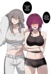  2girls :d absurdres black_shorts black_tank_top blush breasts cleavage commentary crop_top grey_hair grey_pants grey_tank_top highres honkai:_star_rail honkai_(series) kafka_(honkai:_star_rail) large_breasts long_hair looking_at_viewer midriff multiple_girls navel open_mouth pants purple_eyes purple_hair short_shorts shorts smile stelle_(honkai:_star_rail) stomach tank_top thighs trailblazer_(honkai:_star_rail) yellow_eyes zovokia 