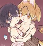  2girls alternate_costume animal_ears arm_strap bare_shoulders black_hair blonde_hair blue_eyes brown_dress cat_ears cat_girl cat_tail dress extra_ears hair_between_eyes hug kaban_(kemono_friends) kemono_friends lucky_beast_(kemono_friends) multiple_girls nightgown pink_dress serval_(kemono_friends) short_hair sidelocks sleepwear spaghetti_strap tail wamawmwm yellow_eyes 