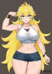  1girl abs arm_up blonde_hair crown cutoffs earrings highres jewelry mario_(series) masamune_oekaki muscular muscular_female princess_peach short_shorts shorts smile sphere_earrings tank_top thighs white_tank_top 