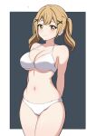  1girl absurdres arms_behind_back bang_dream! bare_arms bare_shoulders bikini blonde_hair blush border breasts cameltoe cleavage closed_mouth collarbone commentary cowboy_shot english_commentary grey_background hair_ornament halterneck highres ichigaya_arisa large_breasts looking_at_viewer medium_hair mnkr98 navel outside_border paid_reward_available simple_background solo stomach swimsuit twintails underboob white_bikini white_border x_hair_ornament yellow_eyes 