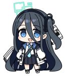  1girl :d absurdly_long_hair aris_(blue_archive) bell_(oppore_coppore) black_hairband black_skirt black_socks blue_archive blue_eyes blue_necktie blush chibi collared_shirt commentary_request full_body hair_between_eyes hairband halo jacket long_hair long_sleeves necktie one_side_up open_clothes open_jacket pleated_skirt puffy_long_sleeves puffy_sleeves shirt shoes simple_background skirt sleeves_past_wrists smile socks solo standing very_long_hair white_background white_footwear white_jacket white_shirt 