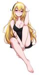  1girl bare_arms bare_legs bare_shoulders barefoot black_dress black_hair blonde_hair breasts cleavage collarbone commentary dress english_commentary feet full_body hair_between_eyes hand_on_own_head highres hololive hololive_indonesia kaela_kovalskia large_breasts light_blush long_hair looking_at_viewer multicolored_hair p-nekoe red_eyes simple_background sitting sleeveless sleeveless_dress smile solo spaghetti_strap streaked_hair toes two-tone_hair very_long_hair virtual_youtuber white_background 