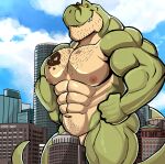  abs absurd_res anthro body_hair building chest_hair city convenient_censorship darknaigart dinosaur facial_hair green_body hi_res jace_(darknaig) macro male muscular muscular_anthro muscular_male nipples nude pecs reptile scalie sky solo tattoo theropod tyrannosaurid tyrannosaurus tyrannosaurus_rex 