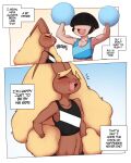  absurd_res anthro brown_body cheerleader clothed clothing comic crossdressing dialogue english_text generation_4_pokemon genitals girly hi_res human laugh lopunny male mammal nintendo penis pokemon pokemon_(species) saltyxodium text 