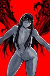  1girl bangs bent_over breasts collarbone colored_skin completely_nude glasses grey_skin groin hair_between_eyes highres kamishiro_rize large_breasts long_hair navel nude outstretched_arms red_background red_eyes solo tokyo_ghoul tokyo_ghoul:re wings yourfreakyneighbourh 