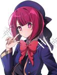  1girl arima_kana blue_headwear blue_jacket blush bob_cut closed_mouth hat hat_ribbon highres inverted_bob jacket light_blush oshi_no_ko pokarii_zuu red_eyes red_hair ribbon school_uniform short_hair youtou_high_school_uniform 