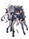  2girls animal_ears black_hair blue_archive blue_halo blush closed_eyes grey_hair halo highres kaerunoko kokona_(blue_archive) long_hair multiple_girls one_eye_closed open_mouth orange_eyes shun_(blue_archive) shun_(small)_(blue_archive) simple_background tiger_ears white_background 