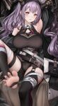  1girl absurdres arknights arm_up armpits bare_shoulders black_shirt black_shorts black_thighhighs breasts commentary_request foot_out_of_frame highres horns large_breasts long_hair nopetroto parted_lips purple_eyes purple_hair shirt shorts solo thigh_strap thighhighs thighs typhon_(arknights) very_long_hair 