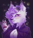  2022 absurd_res amethyst_(alphaserpentis) anthro breasts cleavage clothed clothing cosmic_background ear_tuft felid feline female fur hi_res lynx mammal pawpads paws purple_body purple_clothing purple_eyes purple_fur raised_paw robe smile smiling_at_viewer solo spots spotted_body spotted_fur starry_background teeth_showing tuft wendigowannabe 