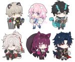  2girls 4boys animal_ears arms_up back baggy_pants bandaged_hand bandages belt bird black_belt black_choker black_coat black_eyes black_footwear black_gloves black_hair black_pants black_ribbon black_shirt black_shorts black_skirt blade_(honkai:_star_rail) blue_coat blue_eyes blue_footwear blue_hair blue_jacket book boots bow breasts brown_feathers buttons caelus_(honkai:_star_rail) cat_tail chibi choker closed_mouth coat collared_shirt crossed_arms dan_heng_(honkai:_star_rail) dark_blue_hair dog_ears dog_tail dragon_horns dragon_tail earrings english_commentary eyeshadow eyewear_on_head fang feathered_wings feathers fingerless_gloves fish_bone food frills from_behind fruit full_body gloves gradient_hair grey_eyes grey_footwear grey_gloves grey_hair grey_pants hair_between_eyes hair_over_one_eye hair_ribbon hand_on_own_knee hand_up hands_up high-waist_shorts holding holding_book holding_sword holding_umbrella holding_weapon honkai:_star_rail honkai_(series) hood hooded_coat horns jacket jewelry jing_yuan kafka_(honkai:_star_rail) kemonomimi_mode lion_ears lion_tail long_hair long_sleeves looking_at_another looking_at_viewer looking_back makeup mandarin_collar march_7th_(honkai:_star_rail) medium_breasts miniskirt mole mole_under_eye multicolored_eyes multicolored_hair multiple_boys multiple_girls n4391 open_book open_clothes open_coat open_mouth pants pantyhose pink_eyes pink_hair pocket_watch ponytail puffy_long_sleeves puffy_sleeves purple_eyes purple_gloves purple_hair purple_pantyhose raccoon_ears raccoon_tail red_eyes red_eyeshadow red_pants red_ribbon ribbon round_eyewear sample_watermark shirt short_hair shorts sidelocks simple_background single_earring sitting skirt sleeveless sleeveless_coat smile sparkle standing sunglasses sword t-shirt tail tassel trailblazer_(honkai:_star_rail) trash_bag trash_can two-sided_coat two-tone_coat two-tone_footwear umbrella v-shaped_eyebrows very_long_hair vest watch watermark watermelon watermelon_slice weapon white_background white_bow white_coat white_feathers white_shirt white_vest wing_collar wings wolf_ears wolf_tail yellow_coat yellow_eyes 