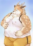  anthro antlers belly blush bottomwear brown_body brown_fur bulge clothing deer fur hi_res horn kazusa looking_at_viewer male mammal moobs neck_tuft nipples overweight selamics1 shorts smile solo spots spotted_body spotted_fur tamacolle tuft visible_nipples 