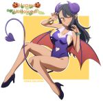  1girl absurdres bare_shoulders black_footwear black_hair bracelet breasts brown_eyes closed_mouth clothing_cutout collarbone curled_horns demon_horns demon_tail fang full_body halloween hands_up heart_cutout high_heels highres horns ijiranaide_nagatoro-san jewelry kdtwifi leotard long_hair looking_at_viewer multiple_bracelets nagatoro_hayase navel_cutout one_eye_closed paw_pose pearl_bracelet purple_horns purple_leotard purple_tail shoes skin_fang small_breasts solo tail tan tanlines thighs 