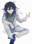  1boy black_footwear black_hair buttons checkered_clothes checkered_scarf crown_print danganronpa_(series) danganronpa_v3:_killing_harmony double-breasted grey_jacket grey_pants hair_between_eyes happy_birthday highres jacket knee_up long_sleeves male_focus multicolored_hair nemari_(nemaru_0907) oma_kokichi pants purple_eyes purple_footwear purple_hair scarf shoes simple_background sitting smile solo two-tone_hair white_background 