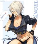  1girl abs absurdres angel_(kof) backless_pants blue_eyes bra breasts chaps cleavage cropped_jacket fingerless_gloves gloves hair_over_one_eye highres jacket large_breasts leather leather_jacket looking_at_viewer midriff navel panties pants short_hair shpr0ta smile snk solo strapless strapless_bra the_king_of_fighters the_king_of_fighters_xiv toned underwear white_hair 