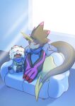  anthro bandai_namco black_body cape claws clothing digimon digimon_(species) digimon_ghost_game duo evolutionary_family furniture gammamon gulusgammamon hi_res horn male sansyonoki64 sleeping sofa stinger_tail 