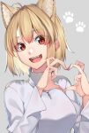  1girl animal_ear_fluff animal_ears antenna_hair arcueid_brunestud blonde_hair cat_ears commentary_request fang grey_background hair_between_eyes heart heart_hands highres jewelry long_sleeves necklace open_mouth paw_print paw_print_background red_eyes sarasara_shoyu short_hair simple_background single_hair_intake smile solo sweater tsukihime tsukihime_(remake) turtleneck turtleneck_sweater white_sweater 