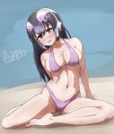  1girl african_penguin_(kemono_friends) arm_behind_back artist_name ass_visible_through_thighs barefoot bikini black_hair blush breasts brown_eyes collarbone dutch_angle full_body hair_between_eyes headset highres kemono_friends kemono_friends_v_project kyonin_dofu leaning_to_the_side long_hair multicolored_hair navel parted_bangs parted_lips pink_bikini pink_hair sitting smile solo spread_legs stomach swimsuit toes virtual_youtuber white_hair 