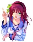  1girl ;d angel_beats! arm_under_breasts blue_sailor_collar blunt_bangs bow breasts collarbone cropped_torso floating_hair green_bow green_eyes hair_bow hairband hand_up index_finger_raised long_sleeves looking_at_viewer medium_breasts medium_hair nakamura_yuri neckerchief one_eye_closed open_mouth pink_neckerchief purple_hair sailor_collar satomi_yoshitaka school_uniform shinda_sekai_sensen_uniform shirt simple_background smile solo teeth textless_version upper_body upper_teeth_only white_background white_shirt 