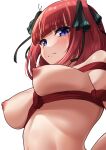  1girl absurdres black_ribbon blue_eyes blunt_bangs bob_cut breasts butterfly_hair_ornament closed_mouth commentary completely_nude fleur_racine go-toubun_no_hanayome hair_ornament hair_ribbon highres large_breasts looking_at_viewer looking_down looking_to_the_side nakano_nino nipples nude pink_hair restrained ribbon shibari short_hair sidelocks solo tears upper_body white_background 
