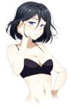  1girl aboleuk absurdres black_hair blue_eyes breasts cleavage commentary english_commentary frown groin hand_on_own_hip highres medium_breasts mole mole_under_eye navel original raised_eyebrow skinny solo upper_body 